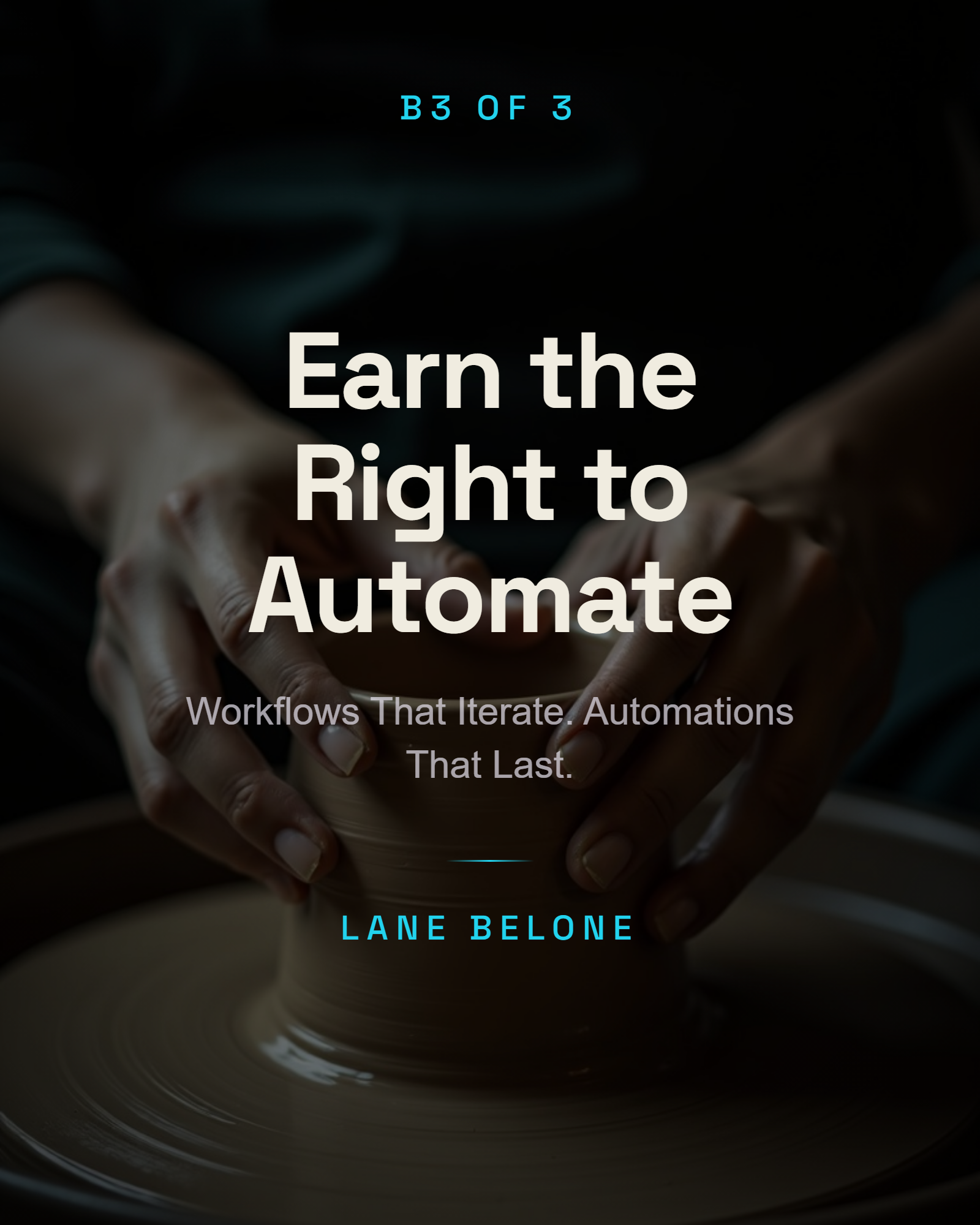 Earn the Right to Automate cover — atmospheric backdrop with the title centered in a cyan-accented Field Guide composition